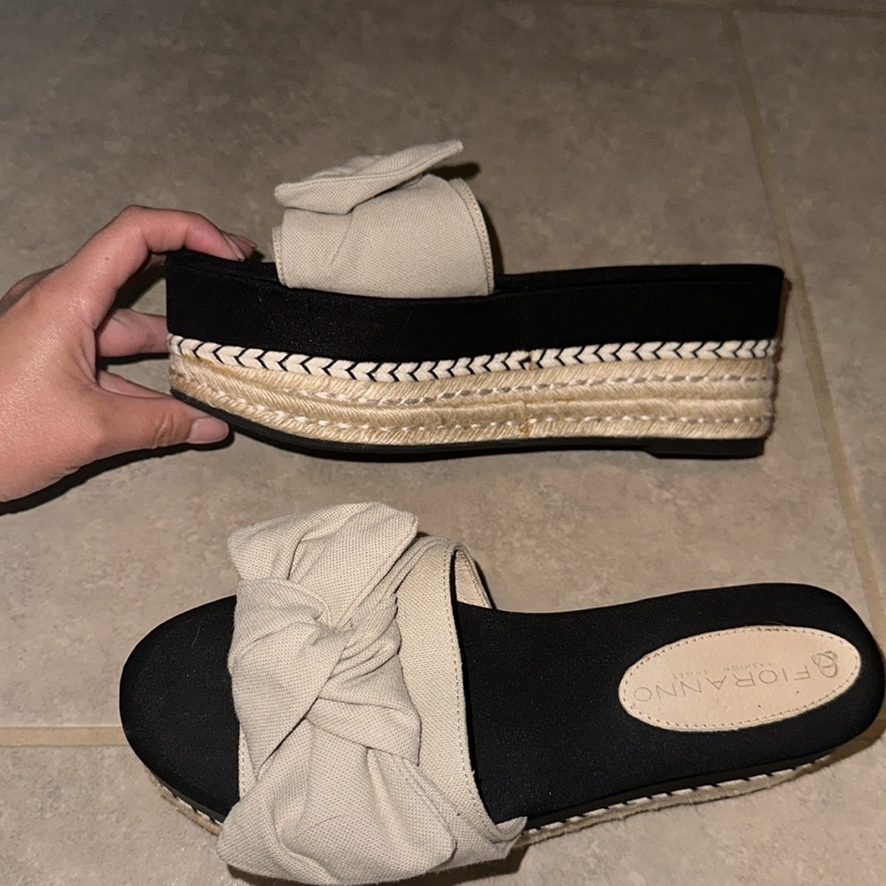 Black and beige slide espadrilles